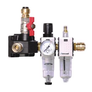 Endverteilerdose mit zwei Einhandkupplungen, Absperrhahn und Filterdruckregler und Nebelöler 12 bar 15 mm