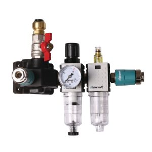 Endverteilerdose mit zwei Sicherheitskupplungen, Absperrhahn und Filterdruckregler und Nebelöler 12 bar 15 mm